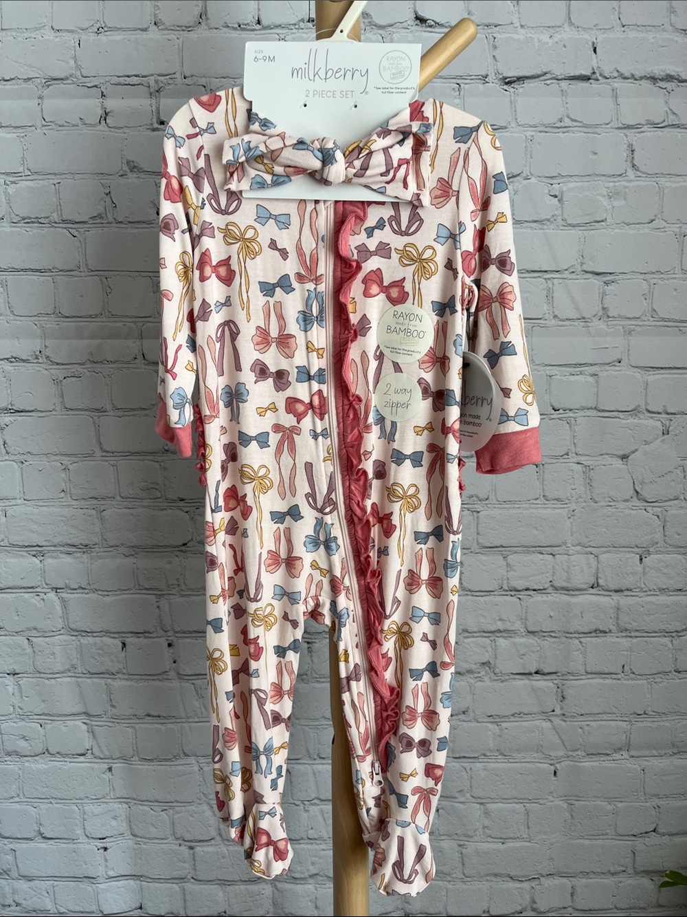 NEW Milkberry Bamboo Baby Girl Ruffle Footie Sleeper with Matching Hairbow
